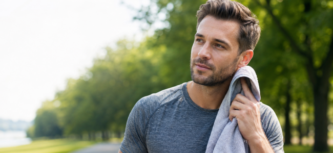 Man wearing a hair system cooling down after summer activity